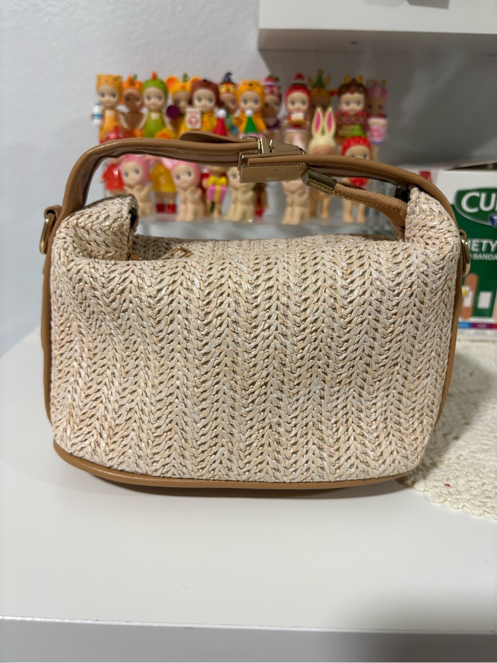 Woven Straw Crossbody Bag in Cream and Tan